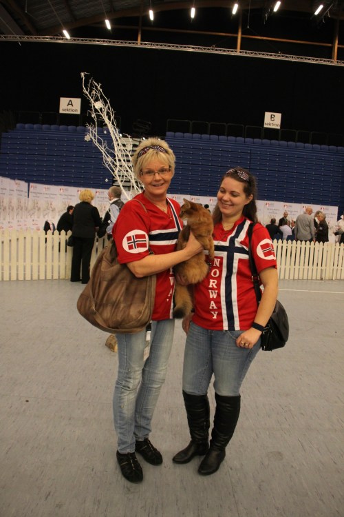 Mine gode venner Gøran Vinje og Lilly Oversand Deildok som hjalp meg med å stelle Janis pels så hun strålte, og her bærer de henne fram til dommerburet før BIS-panelet, jeg var litt for nervøs...